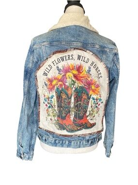 Custom GAP 1969 Sherpa Denim Jacket Western Wild Horses Patch S